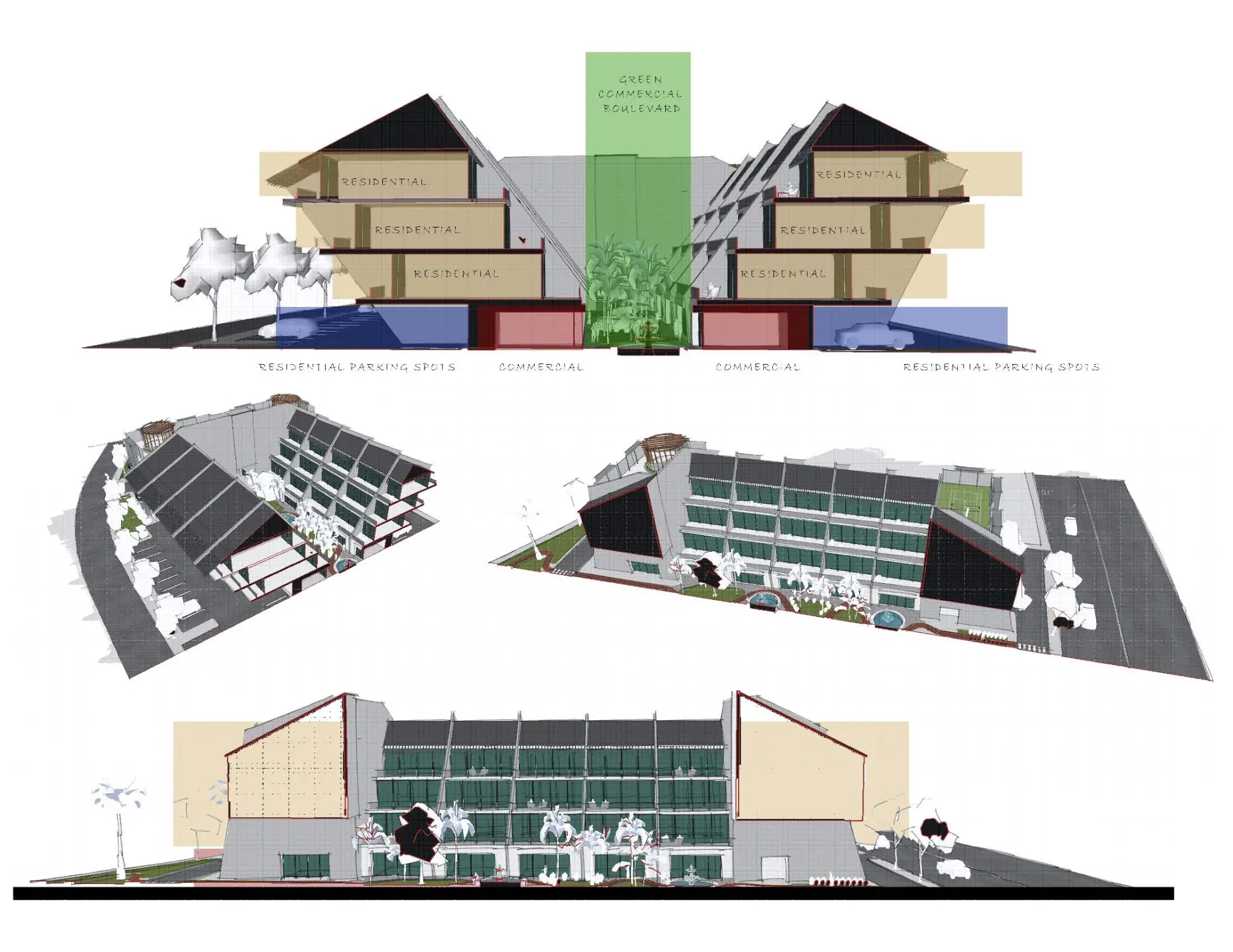 Mixed-use complex interior elevations showing residential and commercial integration