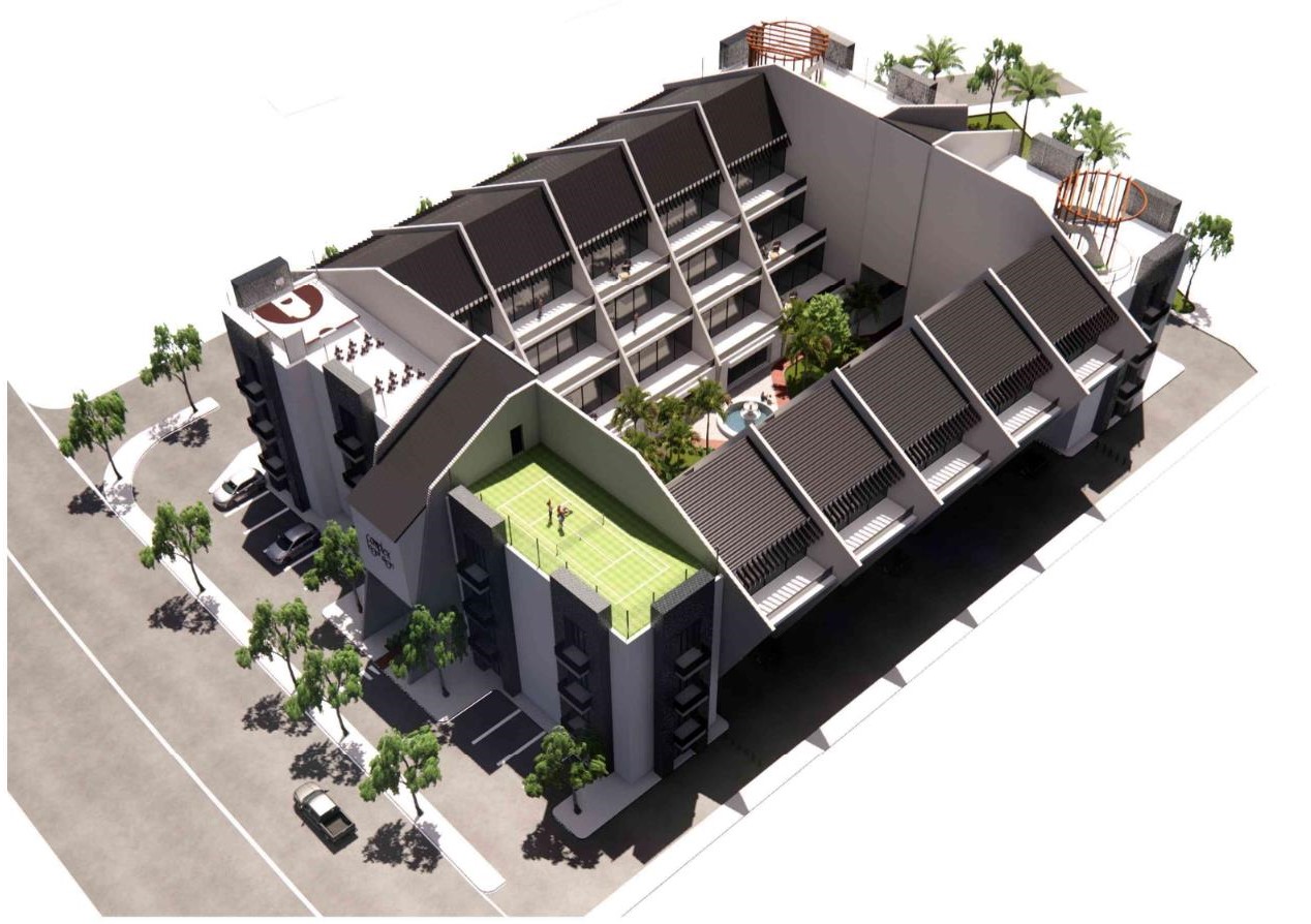 Mixed-use complex aerial view showing rooftop amenities and modern design